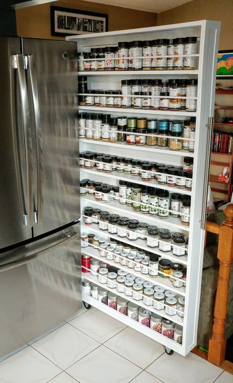 Sliding spice rack. 6 feet tall by 3 feet wide and 5.5" deep. Great storage for epicure products. Kitchen Spice Rack Ideas, Sliding Spice Rack, Spice Rack Ideas, Spice Storage Solutions, Kitchen Spice Storage, Kitchen Spice Rack, Kitchen Ideas Modern, Organization Kitchen, Kitchen Ideas Modern Luxury