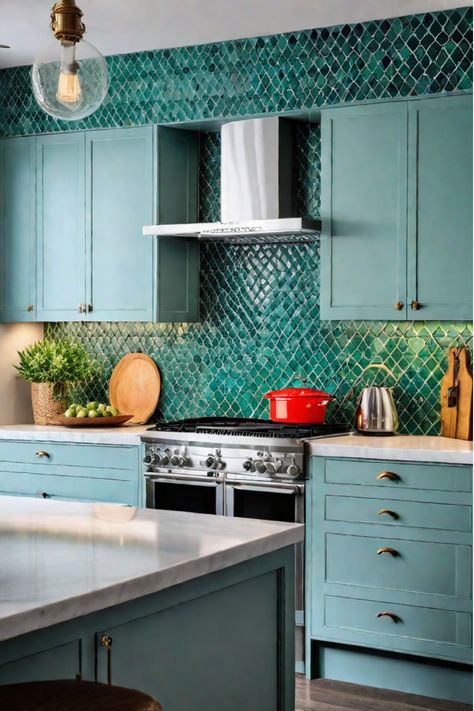 Elevate your kitchen's interior design with these 12 show-stopping backsplash ideas. Find the perfect solution to upgrade your space and reflect your personal style. Unusual Backsplash Ideas, Kitchen Backsplash Makeover, Turquoise Backsplash, Backsplash Makeover, Patterned Backsplash, Backsplash Trends, Natural Stone Backsplash, Black Appliances Kitchen, Decorative Backsplash