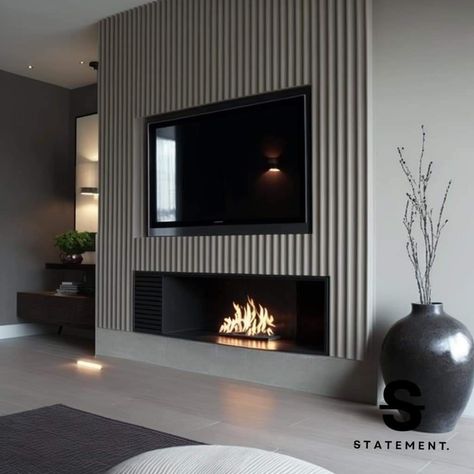 Electric Fireplace Slat Wall, Fireplace Modern Design Tv Walls, Modern Fireplace Tv Wall, Modern Family Room Design, Modern Fireplace Ideas, Fireplace Modern Design, Bookshelves With Tv, Modern Family Rooms, Fireplace Tv Wall