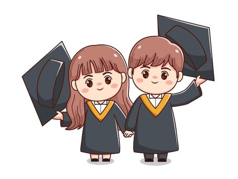 Chibi Graduation, Graduation Cartoon Art, Couple Cartoon Characters, Graduation Couple, Couple Graduation, Graduation Cartoon, Chibi Cartoon, Cartoon Character Illustration, Girls Holding Hands