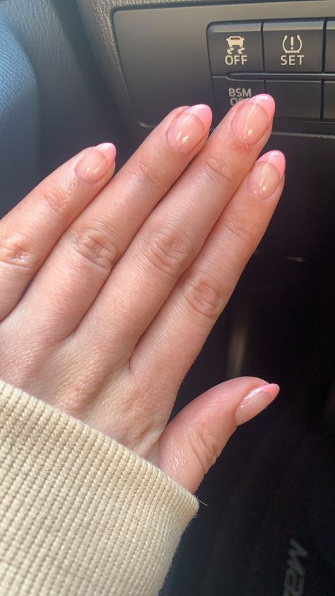 Light pink French tip almond nails Almond Light Pink Nails French Tip, Light Pink French Tip Nails Oval, Light Pink French Nails Tips, Spring Nails Full Color, Short Almond Acrylic Nails Pink French Tip, Short Oval French Tip Nails Pink, Pink French Tip Nails Almond Short, Short Light Pink French Tip Nails, Light Pink Almond French Tips