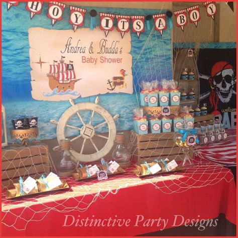 Ahoy It's A Boy! | CatchMyParty.com Pirate Gender Reveal Ideas, Pirate Themed Baby Shower Ideas, Pirate Baby Shower Ideas, Baby Bot, Boat Theme, Pirate Baby, Ahoy Its A Boy, Pirate Decor, Pirate Boy