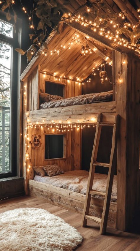 Cozy wooden house-shaped bed with fairy lights, modern oak bunk beds, and a fluffy carpet in a softly lit room. Kids Room With Loft Bed, Hanging Bunk Beds, Bunk House Ideas, Fort Bedroom, Kids Cabin Bedroom, Bedroom Treehouse, Kids Bunk Bed Ideas, Rustic Kids Bedroom, Cozy Kids Bedroom