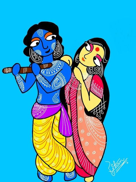 Kalighat Paintings Art, Bengal Art Paintings, Kalighat Paintings Easy, Kalighat Paintings Folk, Painting Of Radha Krishna, Kalighat Paintings, Bengal Art, Indian Contemporary Art, Arte Yoga