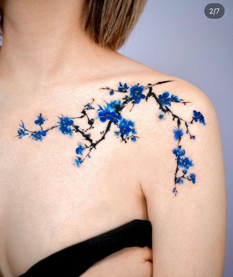 Blue Cherry Blossom Tattoo, Blossom Branch Tattoo, Blue Cherry Blossoms, Blue Flower Tattoos, Mens Shoulder Tattoo, Blossom Tattoo, Cherry Blossom Tattoo, Full Sleeve Tattoos, Collar Bone Tattoo