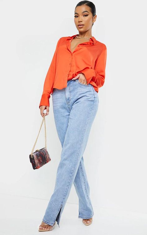 Orange Satin Shirt Outfit, Satin Button Down Shirt Outfit, Satin Shirt Outfit, Satin Button Down Shirt, Orange Satin, Wardrobe Pieces, Orange Outfit, Classy Casual Outfits, Plunge Neckline