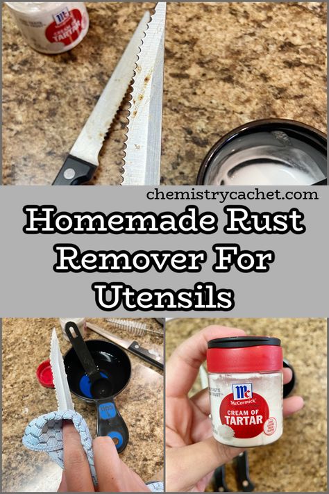 This is the most unique and best homemade rust remover you can use for kitchen utensils or other small surfaces! It is so easy to use. Get the details on Chemistry Cachet Cream Of Tartar Uses, Rust Remover, Remove Rust, Housekeeping Tips, Rust Removers, Tartaric Acid, Cleaning Tricks, Domestic Goddess, Stain Removal