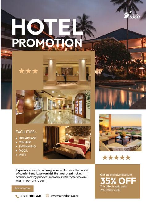 Hotel Promotion Design, Hotel Flyer Design, Hotel Poster, Promotion Flyer, Linkedin Background Image, Hotel And Resort, Gold Rooms, Poster Design Layout, Hotel Logo