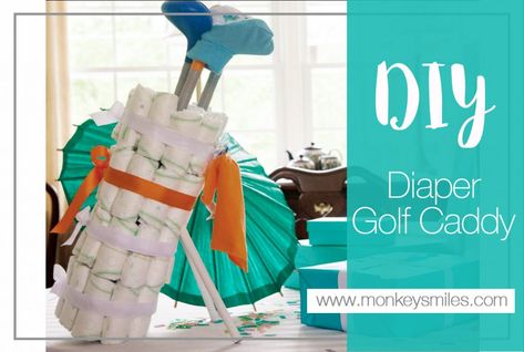 DIY Golf Caddy Diaper Cake Golf Baby Showers, Diy Golf, Golf Caddy, Golf Baby, Diy Diaper Cake, Tiny Tank, Diaper Gifts, Diaper Cake Boy