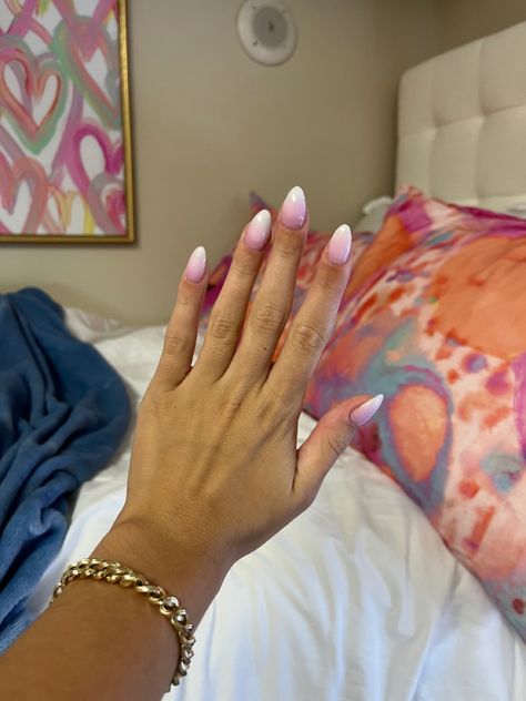 Pink/white ombre Pink Fading Into White Nails, Ombre Pink And White Dip Nails, Pink To White Ombre Nails, Pink To White Ombre Nails Almond, Pink White Ombre Nails, White To Hot Pink Ombre Nails, Almond Shape Pink And White Ombre, Ambre Nails Ombre Pink And White, Pink And White Ombre Nails