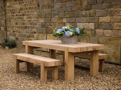 Indigo Furniture, Wooden Garden Furniture, Table And Bench Set, Oak Bench, Bench Set, Oak Table, Solid Wood Dining Table, Wooden Garden, Furniture Outdoor