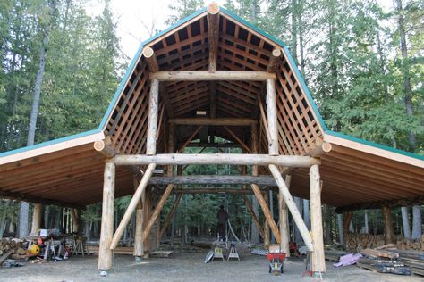 Post And Beam Shed, Post And Beam Cabin, Barn Style Garage, Organic Building, Home Climbing Wall, Timber Frame Pavilion, Post And Beam Barn, Barn Plan, Farm Shed