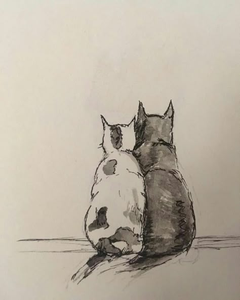 Animal Sketch Ideas For Beginners, Cat And Dog Sketch, Two Cats Together Drawing, 2 Cats Drawing, Cats Hugging Drawing, Cat Sketch Realistic, Two Cats Drawing, Sketch Book Ideas Inspiration, Kitten Drawings