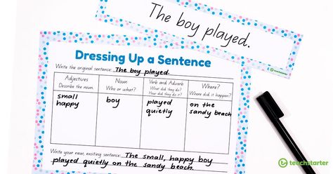 Hints, tips and resources to help improve your students' writing by encouraging them to expand their sentences with descriptive language. Expanding Sentences, Descriptive Language, Sentence Activities, Sentence Examples, Nouns Verbs Adjectives, Improve Writing, Nouns And Adjectives, Writing Groups, Types Of Sentences