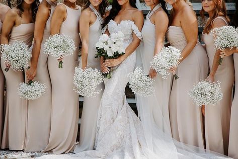 White Flowers Bridesmaids, Bridesmaid Flowers White, Creams And Whotes Wedding Flowers, Gypsophila And White Rose Bouquet, Champagne Bridesmaid Dresses White Flowers, Bridesmaids Colours, Bride Bouquets White, Small Wedding Decor, Bridal Parties Colors