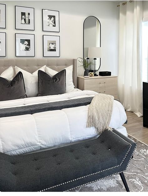 Bedroom Inspiration Grey, Dark Wood Bedroom, Dark Grey Pillow, Black Comforter, Grey Headboard, Gray Bedroom, Grey Bedding, White Bedding, Guest Bedroom