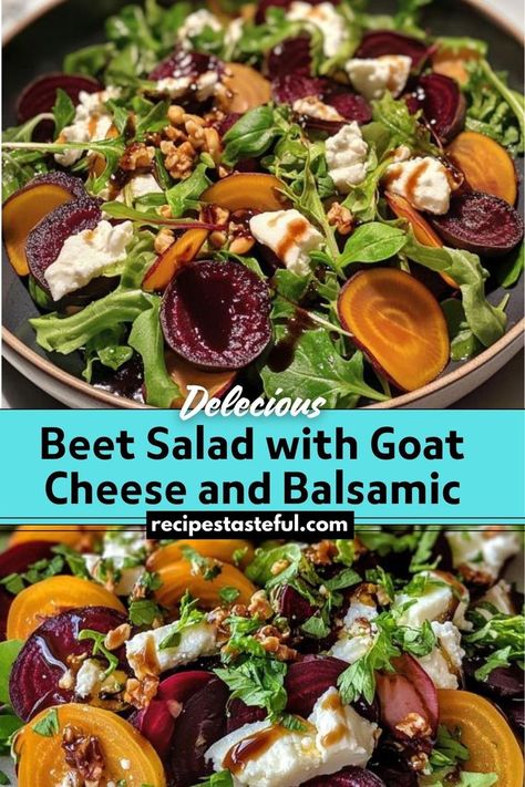 This Beet Salad with Goat Cheese and Balsamic is a fresh, elegant dish combining earthy roasted beets, creamy goat cheese, crunchy nuts, and a tangy-sweet balsamic dressing. It's perfect for a light lunch or as a sophisticated side dish for any occasion. Beet Salad With Goat Cheese, Beet Goat Cheese Salad, Beet Goat Cheese, Salad With Goat Cheese, Beet And Goat Cheese, Beet Salad Recipes, Creamy Goat Cheese, Roasted Beet Salad, Ibs Recipes