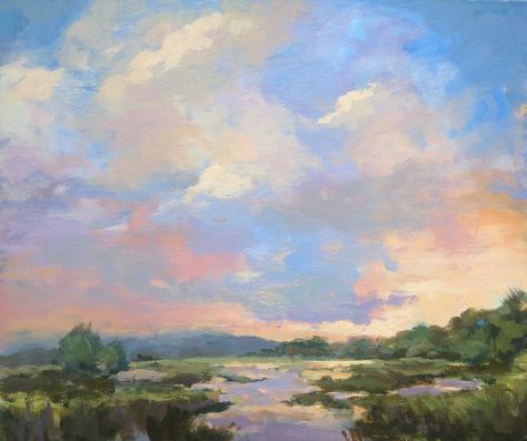 Sunny Sky Painting, Painting Skies, Urban Style Art, Impressionistic Landscape, Painted Skies, Clouds Painting, Sunny Sky, Cloud Art, Oil Pastel Art