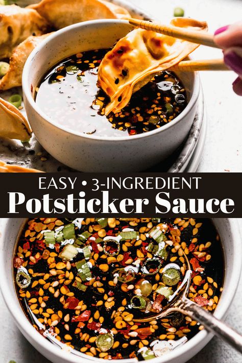 This super quick Potsticker Sauce is easy to make with just 3-ingredients! It’s savory, tangy, and packed with umami goodness. The perfect sauce for gyoza, potstickers, spring rolls, and more! Potsticker Recipes, Fried Potstickers Recipe, Chicken Potstickers Recipe, Quick Asian Sauce, Healthy Pot Stickers, Homemade Potsticker Sauce, Easy Potsticker Sauce, Potstickers And Rice, Crispy Potstickers