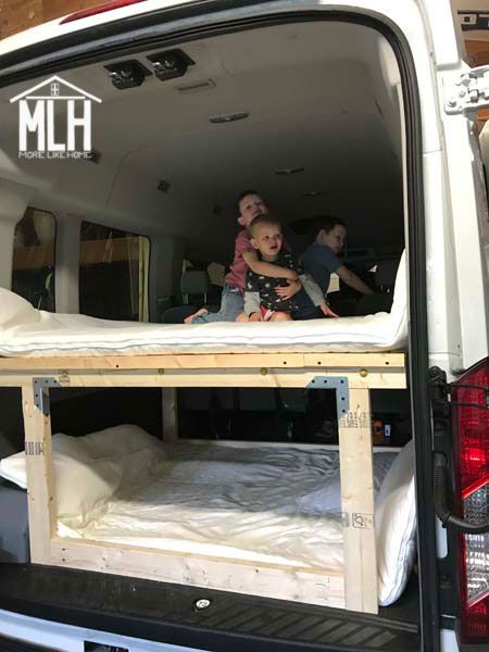 More Like Home: DIY Ford Transit Camper Van (with removable bunks) Diy Camper Van For 4, Camper Van 2 Beds, 2 Bed Camper Van, Van Life 2 Beds, Ford Transit Van Build, Ford Transit 350 Conversion, Ford Transit Camper Conversion Family, Transit Van Conversion, Ford Transit Camper Conversion