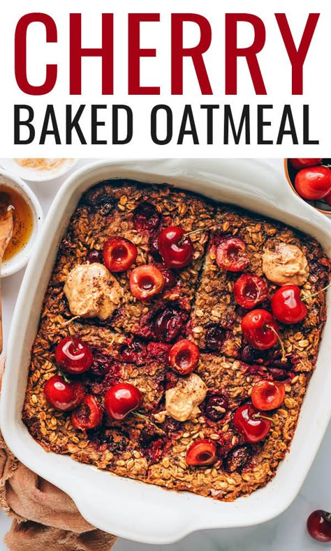 This easy cherry baked oatmeal comes together in one dish and is naturally sweetened with bananas and frozen cherries. It's the perfect make-ahead breakfast and is vegan + gluten-free. Cherry Oatmeal, Gluten Free Meal Prep, Eating Bird Food, Oatmeal Diet, Fruit Salad Easy, Healthy Food Guide, Baked Oatmeal Recipes, Homemade Almond Milk, Frozen Cherries