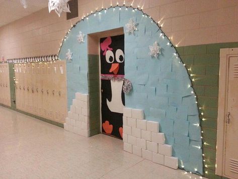 My classroom for the Winter Door Decorating contest! #homeschoolingroom Penguin Igloo Door Decoration, Penguin Hallway Decorations, Penguin Christmas Door Decorations, Antarctica Classroom Decorations, Christmas Door Themes For School, Igloo Classroom Door, Penguin Door Decorations For School, Penguin Door Decoration, Igloo Door Decorations For School