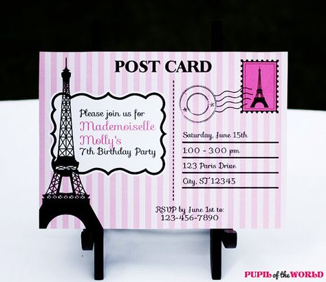 Paris Party Printable Invitation  INSTANT by PupiloftheWorld, $7.99 Paris Birthday Party, Paris Invitations, Paris Themed Birthday Party, Paris Postcard, Paris Tea, Paris Birthday Parties, Decoration Birthday Party, Paris Theme Party, Paris Birthday