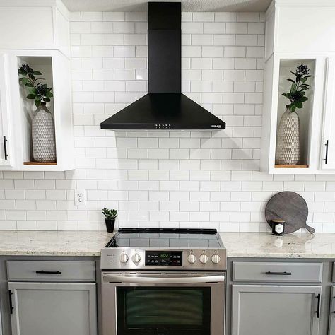 Black Range Hood Gray Cabinets, Black Hood Over Stove, Black Oven Hood White Kitchen, Black Hood Fan Kitchen, Black Hood Range White Cabinets, White Cabinets Black Hood, White Kitchen Black Hood, Black Oven Hood, Black Hood Vents Kitchen