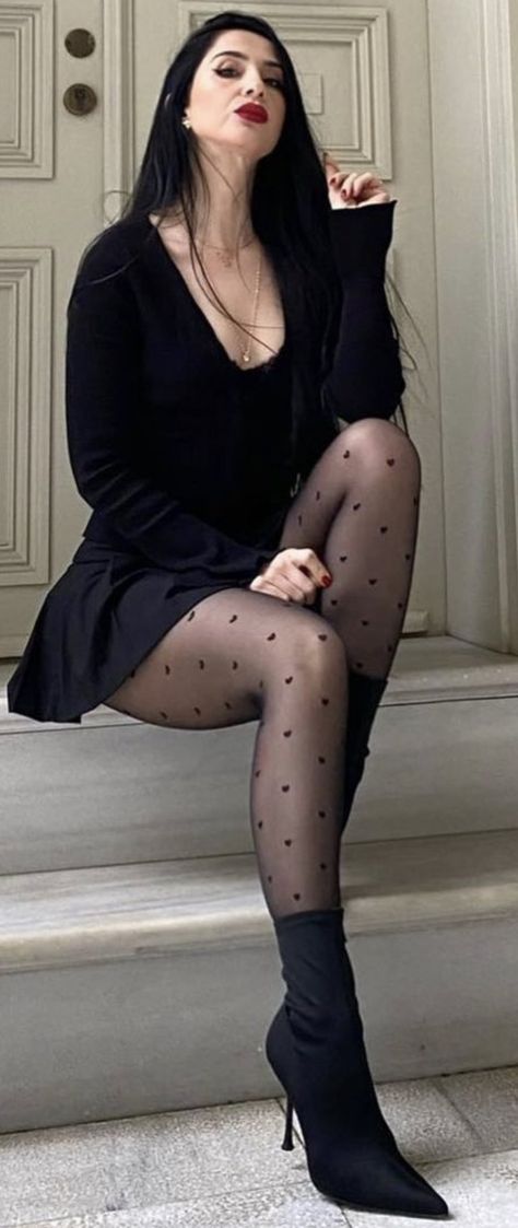 Black tights and stockings. Polka Dot Tights, Black Tights, Black Nylons, Hosiery, Mini Black Dress, Cute Casual Outfits, Stockings, Tights, Polka Dots