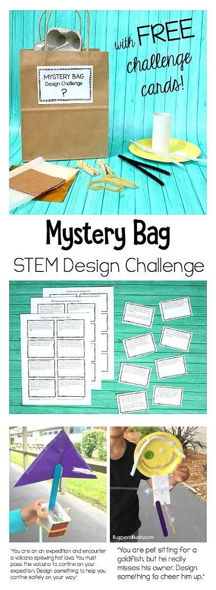 STEM Design Challenge for Kids: Mystery Bag Challenge with Free Printable STEM Challenge Cards- Makes a great classroom center, summer camp activity, or boredom buster! ~ BuggyandBuddy.com Stem Bins, Stem Camp, Elementary Stem Activities, Fun Stem Activities, Steam Challenges, Camping Activities For Kids, Stem Classes, Stem Elementary, Summer Camp Activities