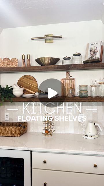 Heather Rhodes on Instagram: "Comment kfs33 for links. Sneak peek at the almost finished kitchen(98% done!) . Love a good shelf styling! Wait until the end of the video to see the before, this wall was nothing but cabinets, I wanted to open this space up by adding some floating shelves. Should I have kept it yellow though? 🫢😜" Kitchen Floating Shelves, Pine Shelves, Shelf Styling, Rhodes, Sneak Peek, Floating Shelves, The End, Floating, Shelves