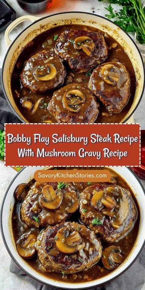 Craving a classic dish with a gourmet twist? Bobby Flay’s Salisbury Steak Recipe with Mushroom Gravy elevates ground beef to new heights! You’ll want to bookmark this recipe for its rich flavors and hearty appeal. Perfect for impressing guests or treating yourself to a comforting meal at home! Best Hamburger Steak And Gravy, Yummy Hamburger Recipes, Homemade Salisbury Steaks, Great Ground Beef Recipes, Meals Using Steak, Meat With Mushrooms, Recipes With Ground Sirloin, Sulsbarry Steak, Amish Salisbury Steak Recipe