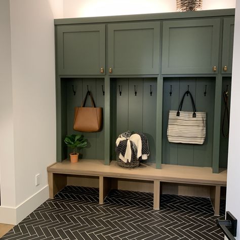 Green Cabinet Mudroom, Mudroom Upper Cabinets, Craftsman Mudroom Ideas, Olive Green Mudroom Cabinets, Mud Room Green, Panelled Entrance Hall, Mudroom Wall Color, Unique Mudroom Ideas, Built In Cubby Wall