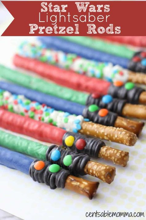 May the 4th be With You! Celebrate Stars Wars Day with your fan by creating this fun Lightsaber Pretzel Rod recipe. So cute! #starwars #lightsaber #pretzel May The 4th Desserts, Pretzel Rods Recipe, May The 4th Party, Star Wars Dessert, Star Wars Snacks, Star Wars Party Food, Star Wars Baby Shower, Star Wars Lightsaber, Star Wars Food