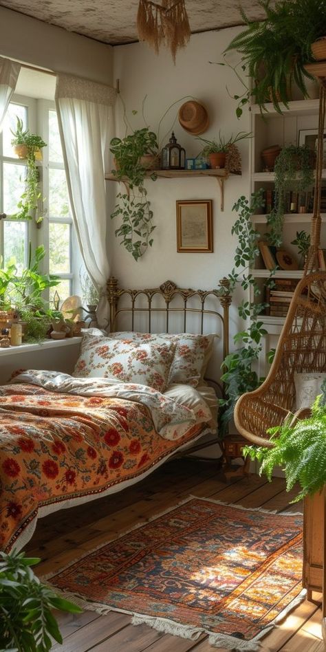 Small Bohemian Bedroom, Earthy Bedroom Aesthetic, Bohemian Bedroom Decor Ideas, Bohemian Bedroom Ideas, Hippie Bedroom Decor, Bedroom Ideas Inspiration, Boho Style Bedroom, Bohemian Bedroom Decor, Bedroom Decor Design