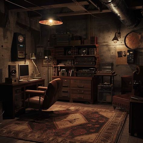 Character Room Design, Abandoned Basement, Detective Room, Abandoned Office, Detective Office, Sci Fi Room, Manager Office, Dark Room Photography, Secret Lair