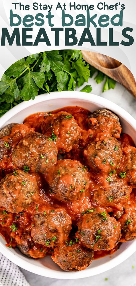 An overhead view of a bowl of meatballs smothered with marinara sauce. Meatball Recipes Oven Baked, Meatballs In Oven, Oven Baked Meatballs Recipe, Baked Meatballs Oven Easy, Easy Oven Baked Meatballs, Easy Beef Meatballs Oven Baked, Oven Baked Meatballs Ground Beef, Oven Meatballs, Italian Baked Meatballs Allrecipes