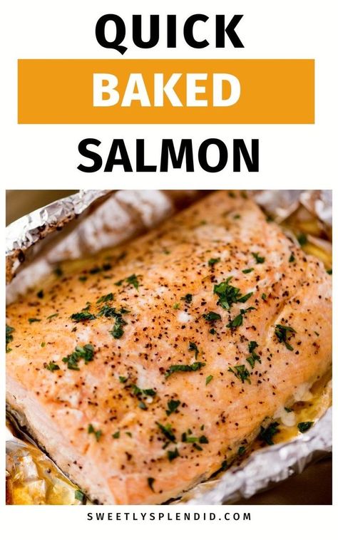 Make a quick and tasty baked salmon dinner with this easy recipe! Cooked in foil packets in the oven with butter, it's a healthy and juicy 5-ingredient meal. How To Cook Salmon, Best Salmon Recipe Baked, Baked Salmon Dinner, Oven Cooked Salmon, Salmon Filet Recipe, Baked Salmon Filets, Quick Salmon Recipes, Baked Salmon In Foil, Oven Baked Salmon Recipes