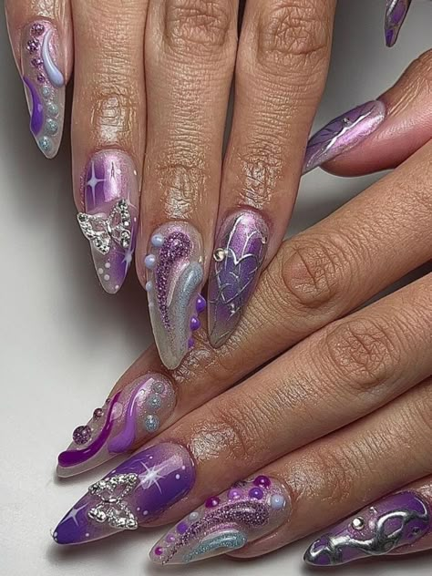 Floral Background Wallpapers, Nails Acrylic Coffin Summer, Nail Art Kit Tools, Fairy Nails, Violet Nails, Aurora Nails, Gothic Nails, Goth Nails, Grunge Nails