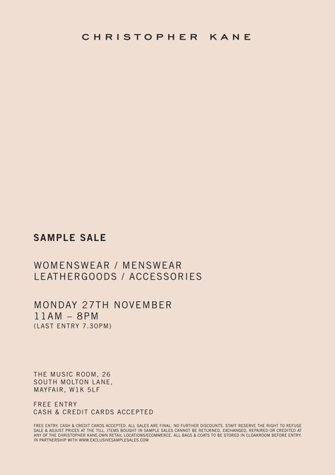 Christopher Kane Sample Sale -- London -- 27/11 Sample Sale Poster, Sale Poster Design Marketing, Sale Flyer Design, Furniture Store Design, Logo Packaging Design, Typographic Layout, Minimalist Web Design, Wall Hats, Wedding Edit