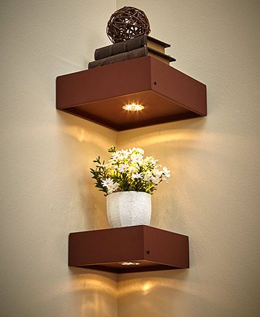 Sets of 2 Lighted Corner Shelves | The Lakeside Collection Decorate Empty Wall, Black Wall Shelves, Wall Shelves Living Room, Corner Wall Shelves, Bathroom Wall Shelves, Shelves Diy, Wall Shelf Decor, Corner Decor, Wall Shelves Design