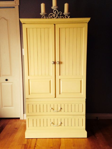 Wood armoire painted in a mix of Annie Sloan English Yellow and Cream. Love it so much! Yellow Armoire, Wardrobe Renovation, Yellow Rooms, Hawthorne Yellow, Armoire Painted, Nook Design, Distressing Chalk Paint, Annie Sloan Colors, Basement Redo