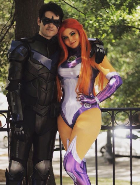 Plus Size Starfire Costume, Starfire Nightwing Costume, Starfire And Nightwing Cosplay, Night Wing And Starfire Costume, Robin And Starfire Cosplay, Starfire Cosplay Makeup, Nightwing And Starfire Costume, Night Wing Costume, Starfire And Nightwing Costume