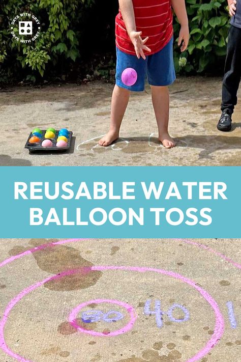 Beat the summer heat and improve gross motor skills with this reusable water balloon toss for big kids. Gather chalk and water to play! Easy Water Games For Kids, Outdoor Games For Preschoolers Gross Motor Activities, Games To Play With Water Balloons, Games With Water Balloons, Upf 50+ Tops For Outdoor Activities, Water Balloon Toss, Water Theme Preschool, Water Baloon Games, Outdoor Water Games