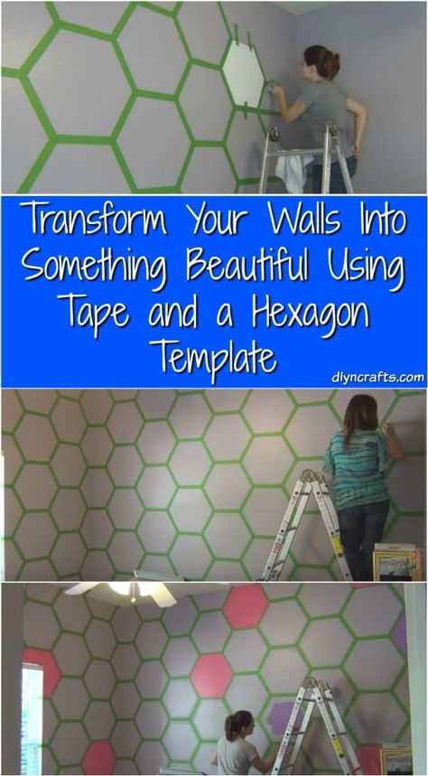 What a fantastic home decorating idea! Learn how to transform your walls into something Beautiful using tape and a hexagon template! Hexagon Wall Stencil, Hexagon Painted Wall, Hexagon Wall Paint, Hexagon Wall Design, Boys Room Accent Wall Ideas, Hexagon Bedroom, Hexagon Accent Wall, Playroom Update, Hallway Update