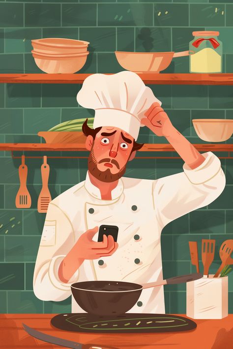 Midjourney Feed Chef Character Design, Chef Illustration, Cook Illustration, Using Phone, Illustration Story, Story Design, Chef Cooking, Cooking Chef, Stressed Out