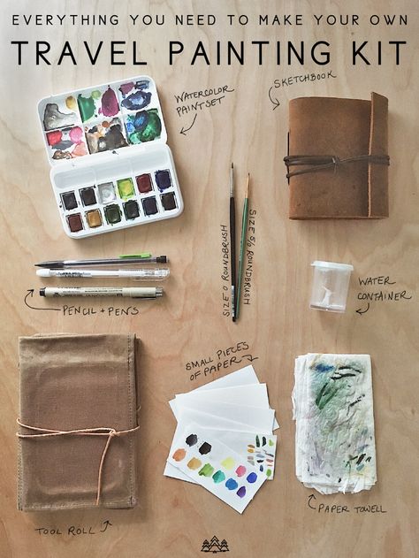 Travel Painting Kit Diy, Portable Painting Kit, Diy Travel Paint Kit, Water Colour Travel Journal, Traveling Art Supplies, Travel Art Supplies, Travel Art Bag, Art Travel Kit, Travel Painting Kit