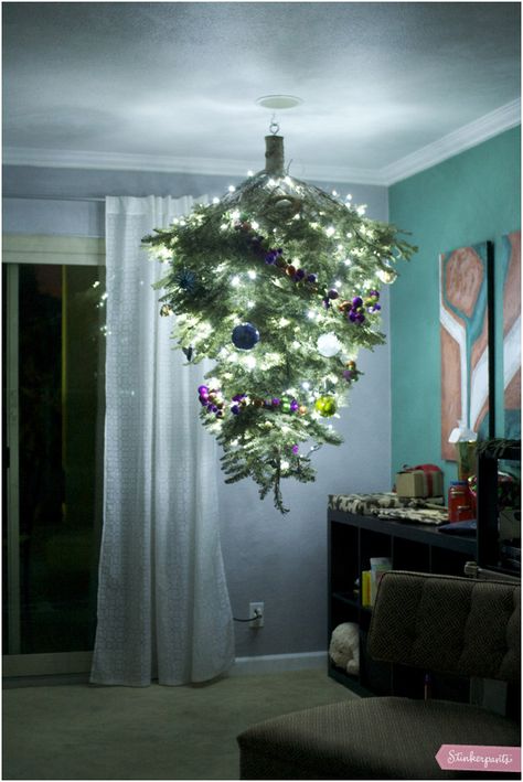 Xmas tree!! I have been wanting to hang up the xmas tree on the ceiling someday. Christmas Tree On Ceiling, Upside Down Christmas Tree Hanging, Christmas Tree Upside Down, Hanging Christmas Tree From Ceiling, Christmas Tree From Ceiling, Christmas Tree Hanging From Ceiling, Ceiling Christmas Tree, Chrismukkah Decorations, Christmas Ceiling