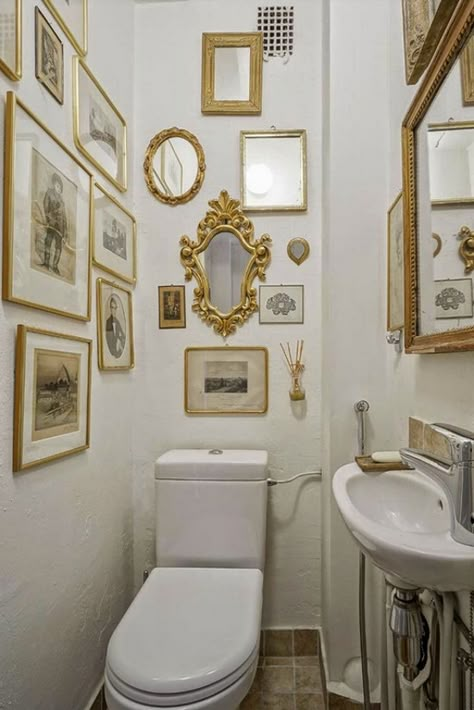 White Mirrors, Bathroom French, Tiny Powder Rooms, Tiny Powder Room, Bathroom Gallery Wall, Sunroom Porch, Bathroom Gallery, Powder Room Design, Toilet Room