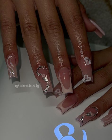 Pink acrylic nails , french tip nails , 3d flower nails , summer nails Almond French Tip Nails With 3d Flower, Pink Acrylic Nails French, Pink 3d Flower Nails, 3d Flower Nails Acrylics, French Tip Flower, Acrylic Nails French Tip, Pink Gold Nails, Acrylic Nails French, Latina Nails